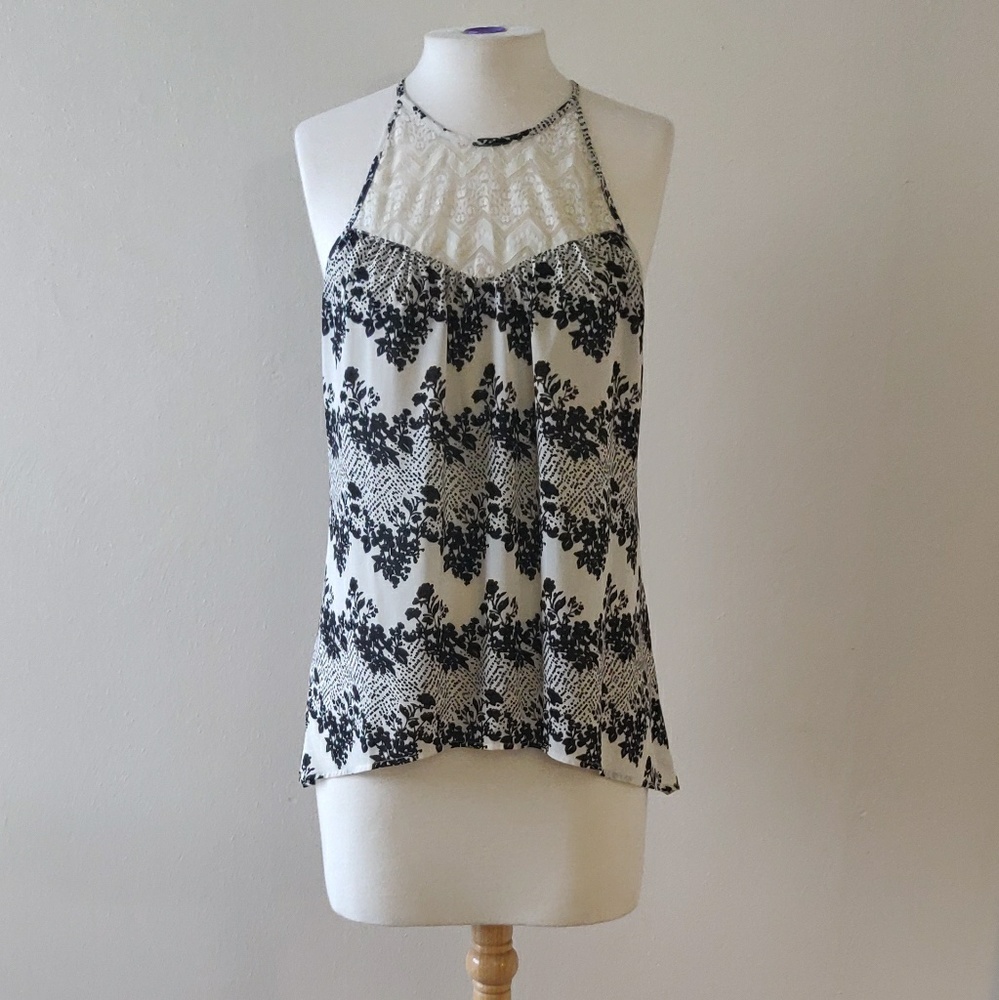 Candies | Black White Lace Floral Halter Tank Top